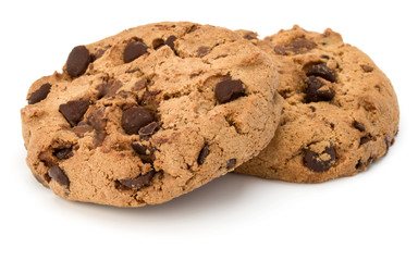 Two Chocolate chip cookies isolated on white background. Sweet biscuits. Homemade pastry.