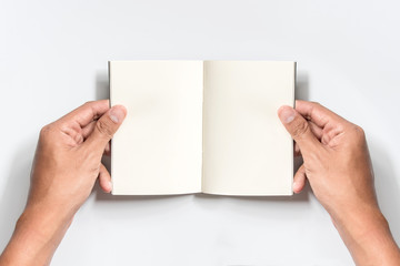 Notebook Mock-up. Hands holding opened blank paper on white background.