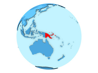 Papua New Guinea on blue globe isolated