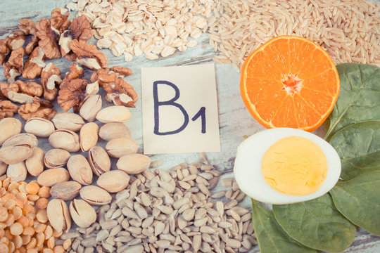 Vintage photo, Ingredients containing vitamin B1 and dietary fiber, healthy nutrition
