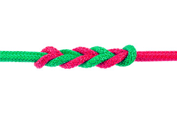 Red and Green string knotted Isolate on white background with Clipping path.