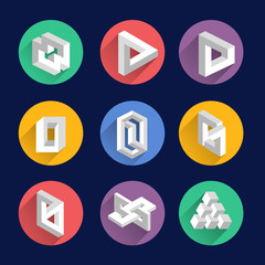 Impossible shapes, optical illusion objects vector symbols
