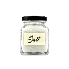 Salt in a glass bottle isolated on white background, with word 