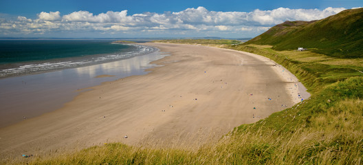 Elevated view of Rhossili Bay in the Gower Peninsular, Wales, UK