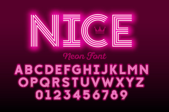 Neon style modern font, alphabet and numbers 