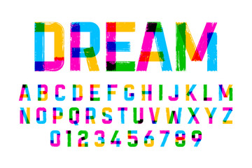 Brush style colorful font, alphabet and numbers 