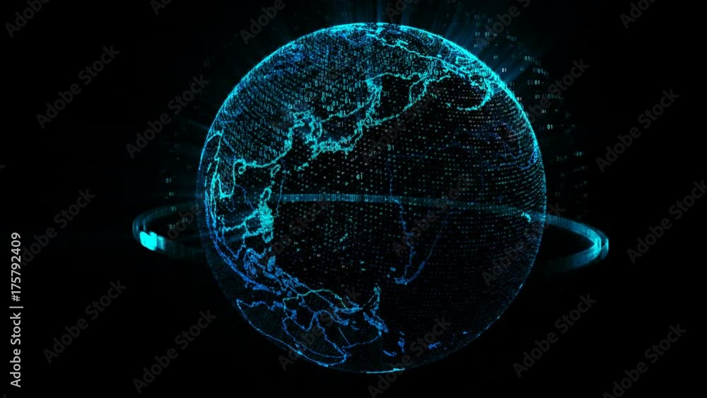 Poster Hologram planet with a binary code/3D illustration of the virtual hologram drawing a planet with a binary code