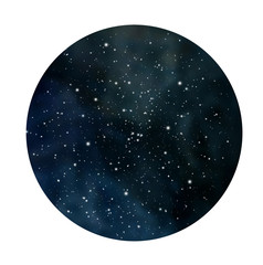 Hand drawn stylized grunge galaxy or night sky with stars. Cosmos illustration in circle. Brush and drops.