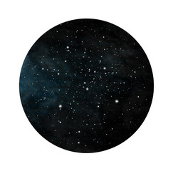 Fototapeta na wymiar Hand drawn stylized grunge galaxy or night sky with stars. Cosmos illustration in circle. Brush and drops.