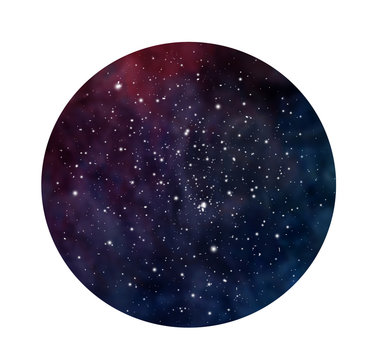 Hand drawn stylized grunge galaxy or night sky with stars. Cosmos illustration in circle. Brush and drops.