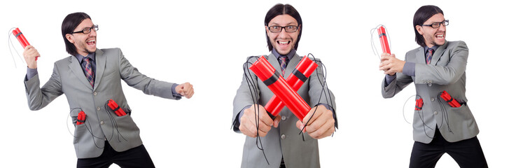 Young businessman holding dynamite isolated on white