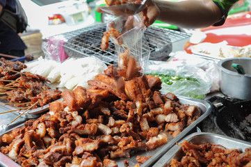 deep fried meat, Street food in Bangkok, Thailand