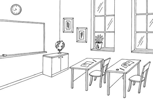Classroom graphic black white interior sketch illustration vector