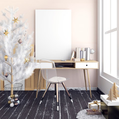 Modern Christmas  light interior, a place for studyl. 3D illustration. poster mock up