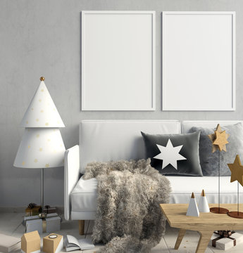 Modern Christmas interior of Scandinavian style. 3D illustration. poster mock up