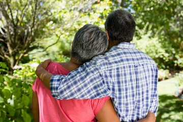 Senior couple embracing each other in garden on a sunny day