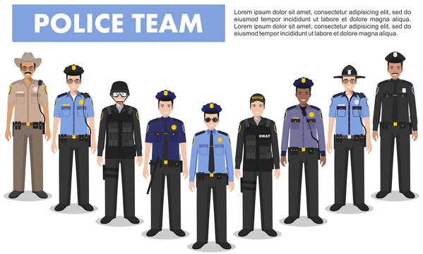 Police people concept. Detailed illustration of SWAT officer, policeman and sheriff in flat style on white background. Vector illustration.