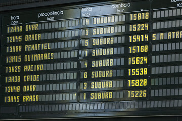 Fototapeta premium Departure board at the Sao Bento railway station in Porto, Portugal