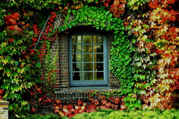 Fototapeta na wymiar Brick house with ivy tangle