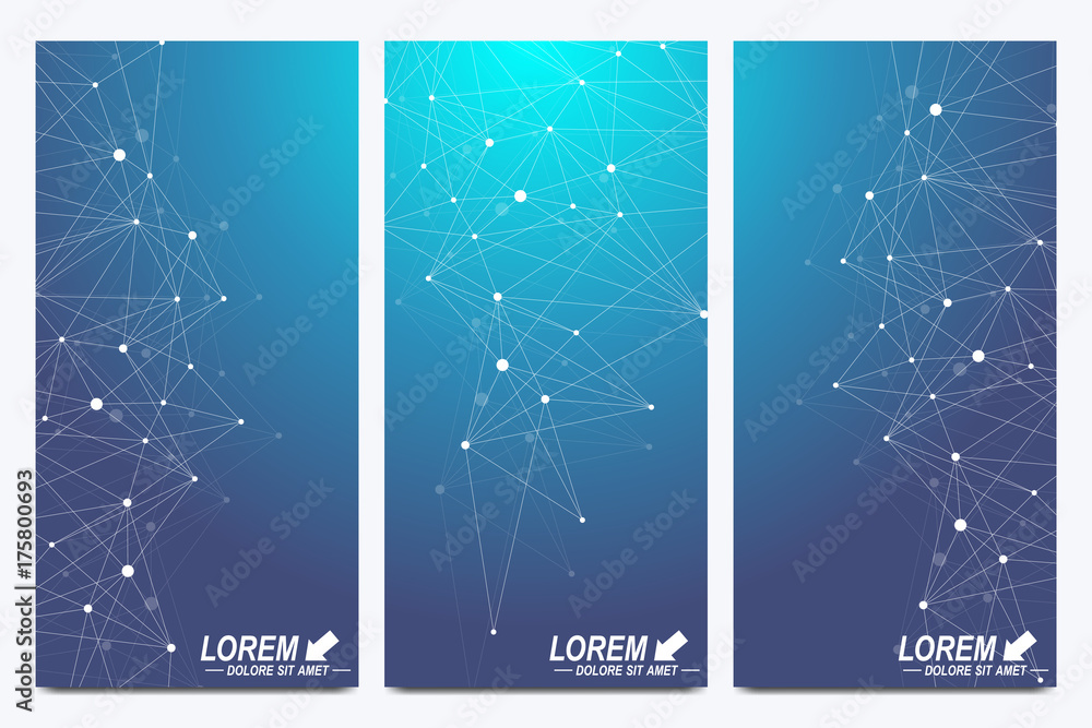 Poster Modern set of vector flyers. Modern stylish polygonal pattern with connected line and dots. Molecule and communication background for medicine, science, technology, chemistry.
