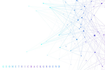 Obraz premium Geometric graphic background molecule and communication. Big data complex with compounds. Perspective backdrop. Minimal array. Digital data visualization. Scientific cybernetic vector illustration.