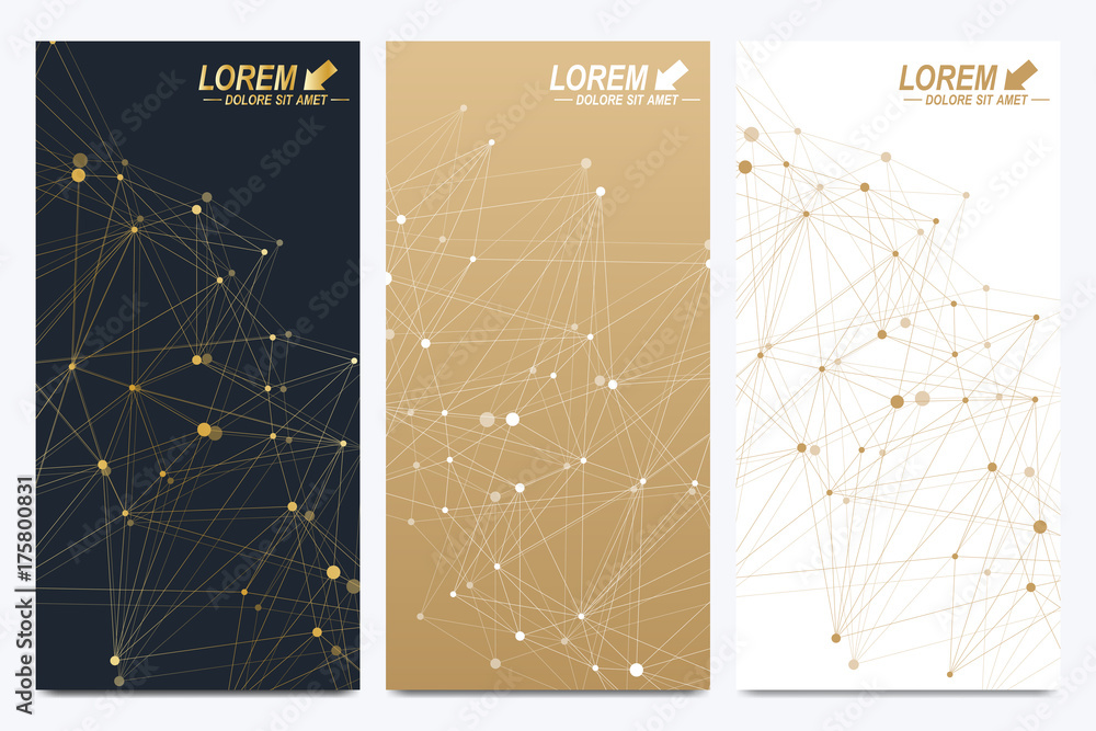 Poster Modern golden set of vector flyers. Modern stylish polygonal pattern with connected line and dots. Molecule and communication background for medicine, science, technology, chemistry.
