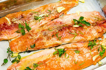 Salmon trout ready to be cooked in the oven