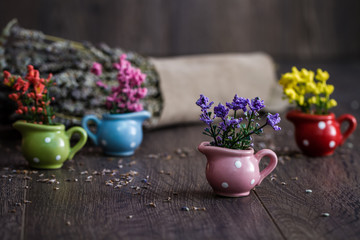 Artificial Little Yellow, Purple and Red Flowers in Little Flowerpots