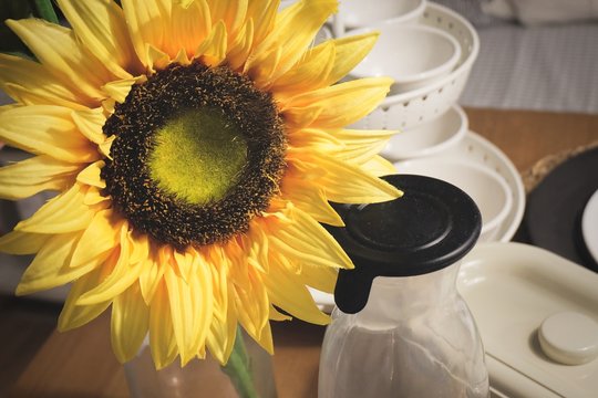 Beautiful Yellow Artificial Sunflower Flowers on Kitchen Table