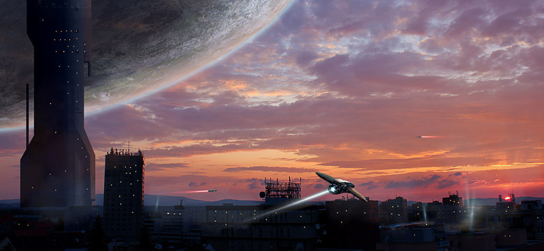 Sci-fi city with planet and spaceships, photo manipulation, Elements furnished by NASA. 3D rendering