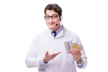 Young doctor with phone headset isolated on white