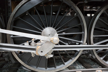wheels of the old black locomotive close-up