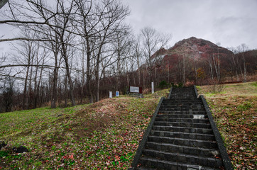 Fototapeta premium Showa-shinzan is a volcanic lava dome in the Shikotsu-Toya National Park, Hokkaido, Japan, next to Mount Usu. The mountain was created between 1943 and 1945. It is is one of Japan's youngest mountain.