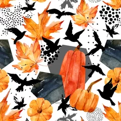 Zelfklevend Fotobehang Autumn watercolor background: leaves, bird silhouettes, pumpkin, hexagons. © Tanya Syrytsyna
