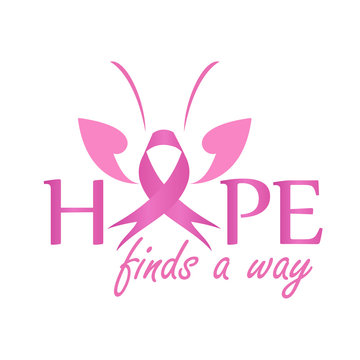 Hope finds a way- Pink ribbon with butterfly to symbolize breast cancer awareness. Poster to empower women suffering from breast cancer