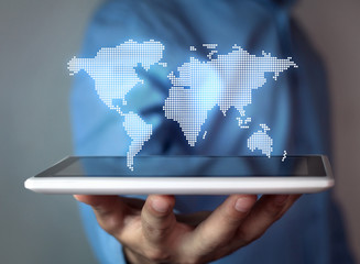 Man holding world map.