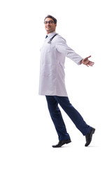 Young doctor physician standing walking isolated on white backgr