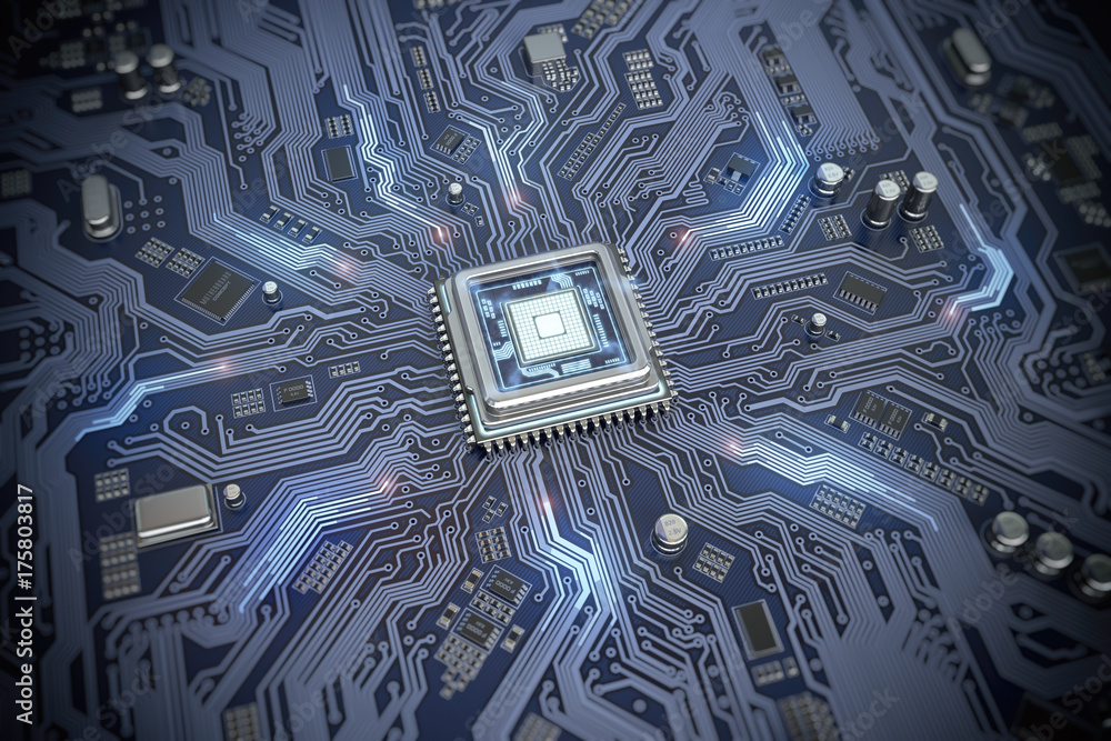 Poster Circuit board with CPU.  Motherboard system chip with glowing processor. Computer´s technology and internet concept.