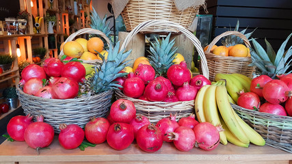 pomegranate banana ananas basket fruits group autumn background