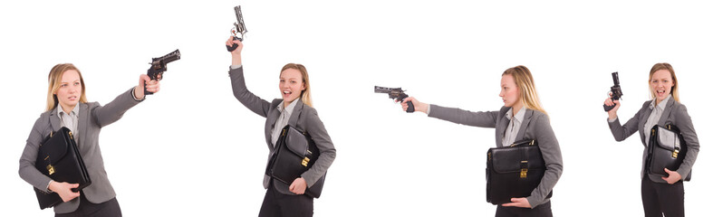 Businesswoman with gun isolated on white