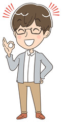 OKサインを出す文化系男子のイラスト