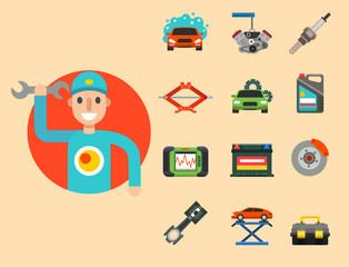Auto car repair service symbols isolated shop worker maintenance transportation automotive mechanic vector illustration.