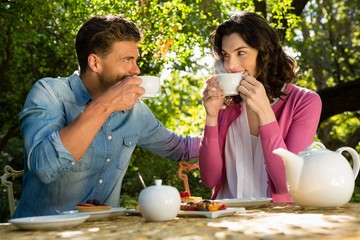 Couple having cup of tea in garden