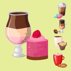 Sweet hazelnut muffins delicious cake coffee cup morning bakery dessert pastry fresh drink cappuccino vector illustration