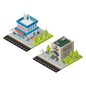 Vector cinema and bank isometric buildings isolated