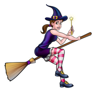 Cartoon Witch on Broomstick with Magic Wand