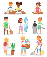 Kids cleaning rooms and helping their mums housework cartoon characters clean up vector illustration colorful set with