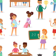Back to school kids boys and girls children school-time vector illustration seamless pattern background