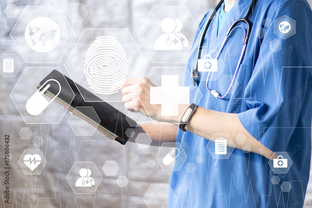 Poster doctor pushing button fingerprint print virtual healthcare web in network icon.