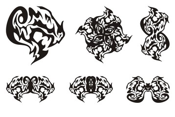 Dragon head symbols in tribal style. Terrible dragon head with an open jaw and double dragon symbols formed from it for your design